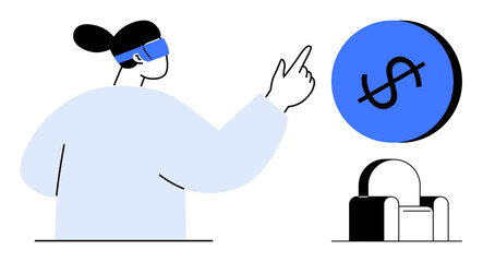 Person wearing VR headset points at blue circle with dollar sign. Chair in background. Ideal for technology, finance, innovation, virtual reality, digital interaction, modern lifestyle, and economic