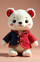 A fluffy bear toy with a joyful expression wears a red and blue jacket. Its large eyes and rosy cheeks add to its charm, creating an inviting and playful appearance suitable for all ages.