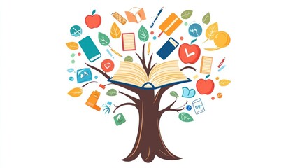 Knowledge tree, book opens up to education items, white background, suitable for education material