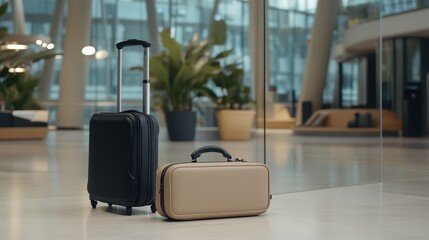 Stylish Luggage Set in Modern Airport Terminal with Elegant Interiors and Natural Light