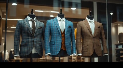 Stylish Tailored Suits on Mannequins in Modern Storefront Showcasing Fashion Elegance