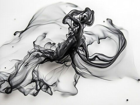 Black ink swirling in water, abstract design, white background, artistic