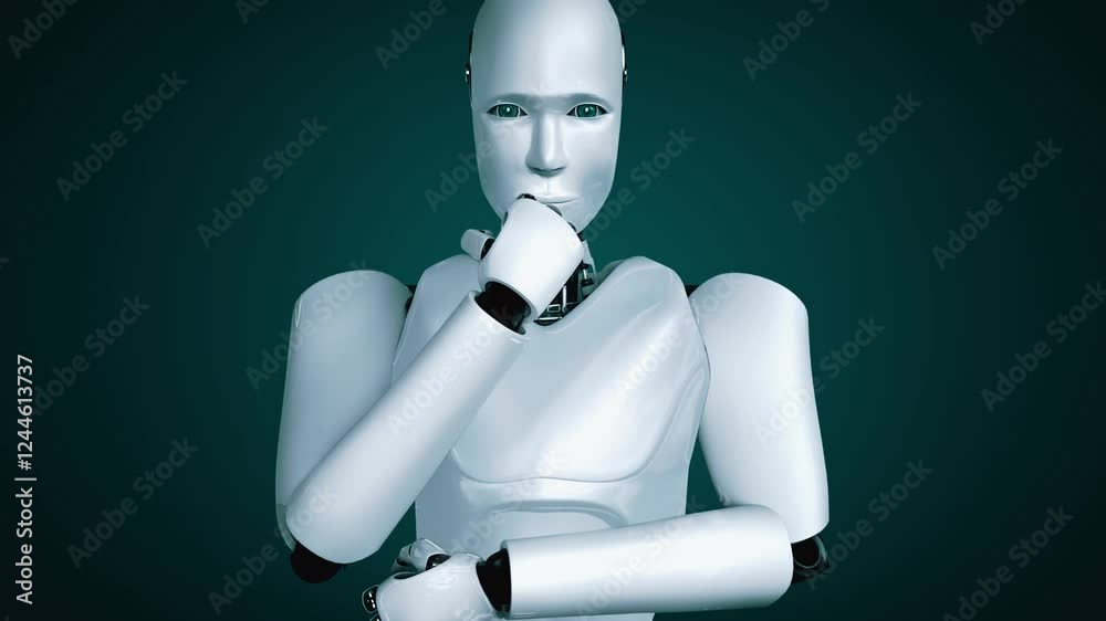 Poster thinking ai hominoid robot analyzing hologram screen showing concept big data analytic using artific