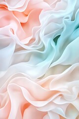 Obraz premium Soft pastel-colored chiffon fabric with delicate flowing folds, creating an abstract texture with gentle hues of blue, pink, and peach, evoking elegance, fluidity, and design concept