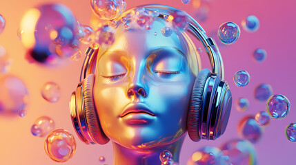 Vibrant 3d art representation of a music-inspired abstract face with headphones playful bubble environment digital artwork creative perspective. Music-Inspired Art. Illustration