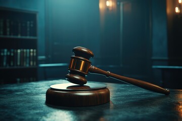 Wooden gavel on a podium in a dimly lit courtroom with library shelves in the background