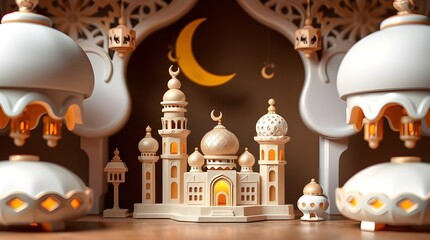 A high-resolution image of a Ramadan Kareem template made from intricately layered papier-mâché. The image showcases the adorable and cute design, focusing on the charming features, sculpted textures,