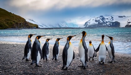 Obraz premium Stunning King Penguins Aptenodytes patagonicus Basking on a Beach at Sunset, St. XXVIII,