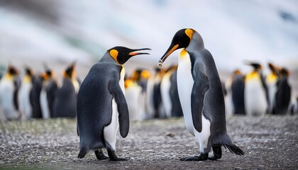 Fototapeta premium Majestic Clash King Penguins Engaging in Intense Territorial Dispute on Snowy Antarctic Shores, Showcasing Vibrant Plumage and Frozen Landscape.