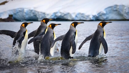 Fototapeta premium Striking Encounter Majestic King Penguins Exiting the Crystal Waters of South Georgia Island against a Backdrop of Snowy Peaks, Capturing the Vibrant Colors and Emotional Energy of a Penguin