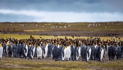 Obraz premium Majestic Gathering of King Penguins on a Frosty Shoreline at Volunteer Point, Falkland Islands A Winter Wonderland in Full Flight
