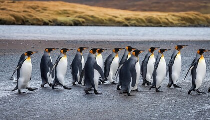 Obraz premium Striking March of King Penguins Against Snowy Backdrop at Antarctic Coast, Showcasing Black and White Elegance, Embracing the Bold Contrasts of Ice and Life