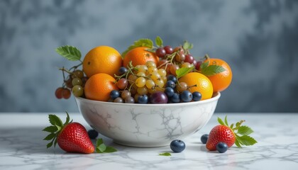 Bowl of assorted fruits with oranges arranged on a marble countertop in a stylish food presentation