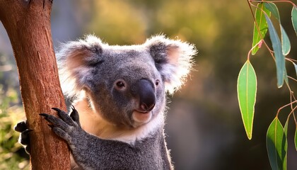 Obraz premium Gentle Grip A Koala Clinging to Eucalyptus in Australias Vibrant Outback Wildlife Scene, Showcasing the Soft Textures and Authentic Beauty of Australias Famous Marsupial in Harmony with Its