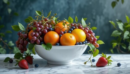 Bowl of assorted fruits with oranges arranged on a marble countertop in a stylish food presentation