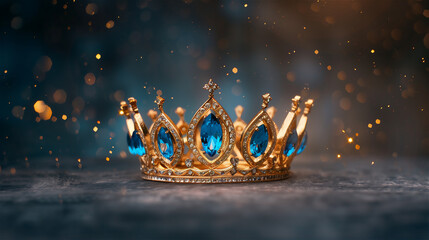 A beautifully crafted gold crown adorned with striking blue stones displayed elegantly on a dark, contrasting background for an eyecatching effect