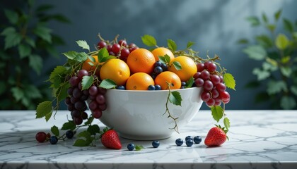 Bowl of assorted fruits with oranges arranged on a marble countertop in a stylish food presentation