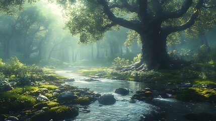 Sunlit forest stream, misty morning, tranquil scene, nature background, game design