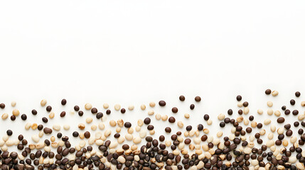 Naklejka premium A detailed shot of dried beans in a harmonious arrangement on a smooth white background, highlighting their textures and hues.
