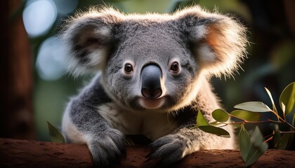 Naklejka premium Enchanting Koala Lounging in Glistening Australian Rainforest at Twilight, Capturing the Magical Mood of Nocturnal Wildlife and Lush Greenery.