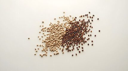 A detailed shot of dried beans in a harmonious arrangement on a smooth white background, highlighting their textures and hues.