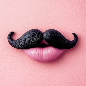 A fun and creative photo featuring a pair of lips painted in a soft shade of pink, with a bold, mustache-shaped lipstick accenting them.