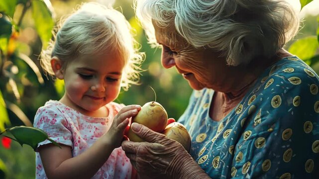 Heartwarming generational bond: grandmother sharing joyful moments with curious grandchild