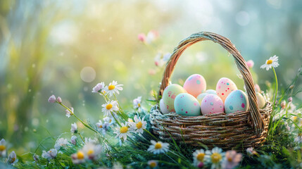 Wicker basket filled with freshly dyed Easter eggs placed on a lush green lawn, bathed in natural sunlight, creating a vibrant seasonal still life