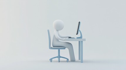 White figure working at computer, minimalist office, background neutral