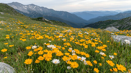 Fototapeta premium Mountain meadow wildflowers, scenic valley view