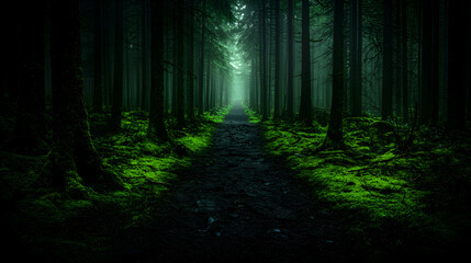 Fototapeta premium Foggy forest path, trees, moss, mystery, nature background, ideal for fantasy or adventure stories