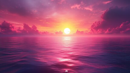 Fototapeta premium A vibrant sunset over a calm ocean, filled with pink and orange hues.