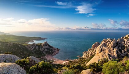 Stunning Winter Landscape of Monte Limbara, Sardinia SnowCapped Mountains Majestically Overlooking a Tranquil Sea, with Warm Sunlight Dancing Across the Landscape in the Afternoon Hour