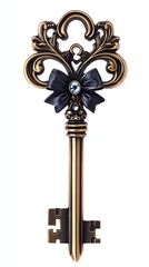 Brass ornate skeleton key with Victorian flourishes and jeweled bow isolated on white background