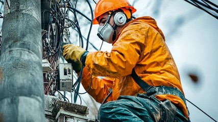 Skilled electrician repairing power lines safely in protective gear