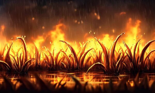 Fiery Grass Blaze with Smoke and Flames