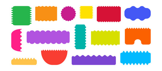 Frame corrugated, wavy border different shape, stamp wave edge, zig zag label, curvy badge, colorful silhouette geometric form isolated on white background. Vector illustration