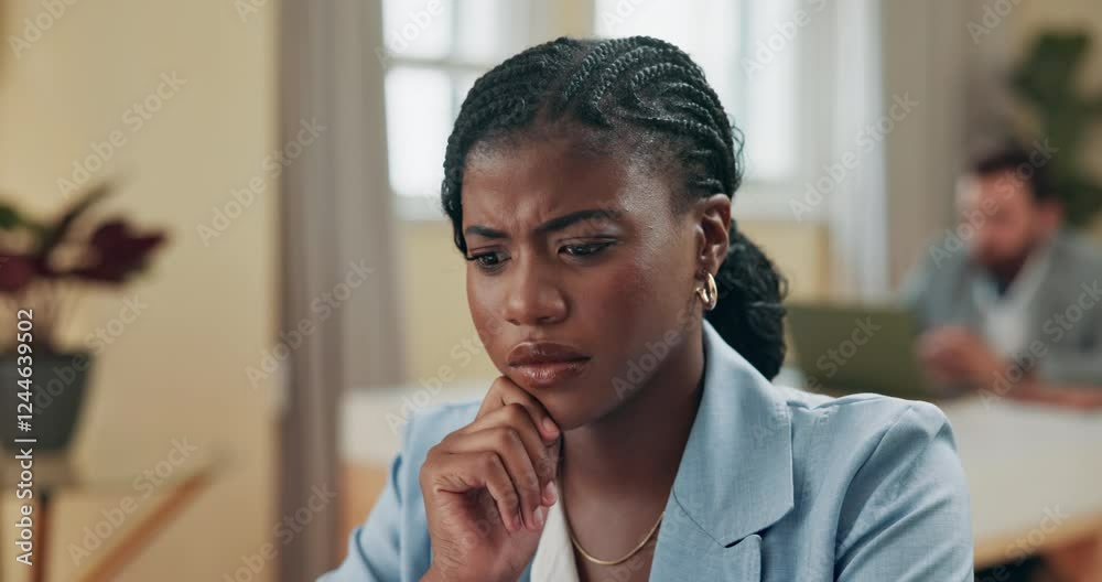 Aufkleber business, problem solving and thinking with black woman in office for development or planning. brain