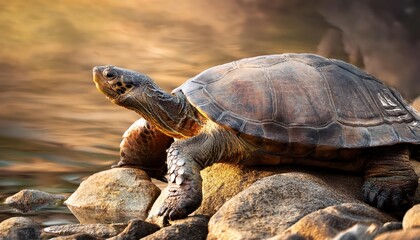 Fototapeta premium Impressive Giant Sea Turtle Resting on Rocky Coastline at Sunset, Showcasing Textured Shell and Ocean Blues in a Serene and Calming Scene.