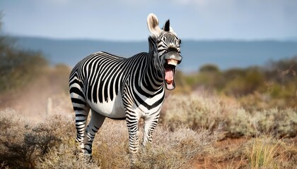 Naklejka premium Hilarious Moment A Laughing Zebra Showcases an Expressive Yawn and Grimace While Enjoying a Joke, Illustrating the Joy and Mischief of Wildlife in a Whimsical Scene.