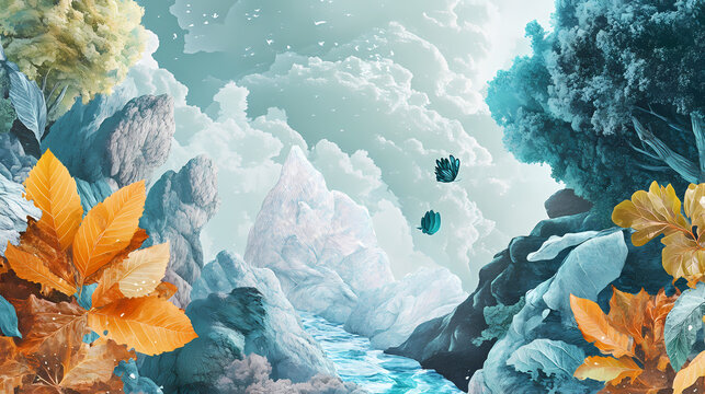 A leaf's dance: exploring surreal landscapes and the boundaries of logic in nature's dreams. Dream Logic & Surrealism. Illustration