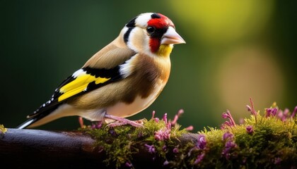 Obraz premium Vibrant Goldfinch Perched on a Sunlit Winter Branch, Amidst a Frosty Landscape, in a Striking Monochrome Palette.