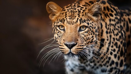 Naklejka premium Striking Closeup of a Majestic Leopard, Showcasing the Power and Grace of the African Wild Cat in a High Contrast Jungle Environment, Capturing the Spirit of the Great Plains.