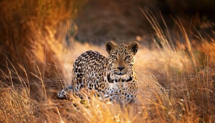 Stealthy Leopard Camouflaged amidst Long Grass Savannah, Elegant Predator Stalking Prey with Sleek Muscles and Sharp Claws at Dawn