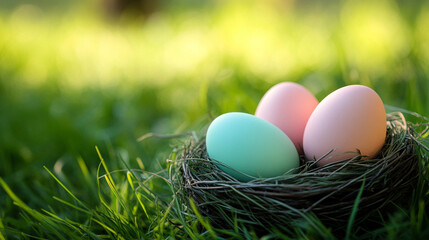 Colorful Easter eggs nestled in fresh grass with natural sunlight creating a warm inviting glow, symbolizing renewal and festive celebration