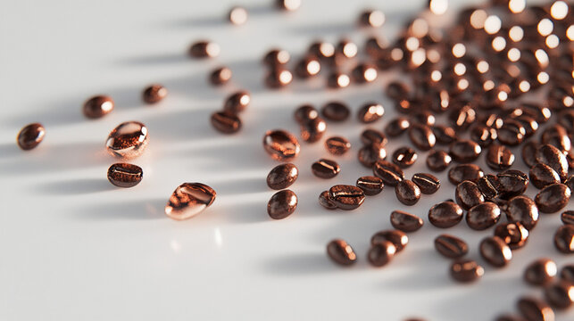 Coffee beans scattered across a reflective surface, highlighting deep textures and aromatic richness in a moody, high-contrast close-up