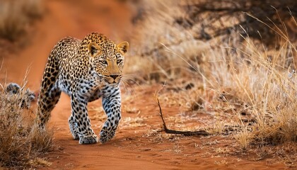 Vigilant Leopard Stalking Prey in the Majestic Tsavo Savannah, Capturing a Moment of Exquisite Wildlife Drama in the African Sunrise