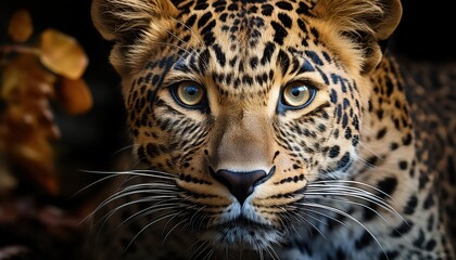 Naklejka premium Striking Leopard Portrait Majestic Big Cat Gazes Intently from the Savannah Grassland Underneath the African Sunset, Showcasing Power and Grace in a Vivid Landscape.