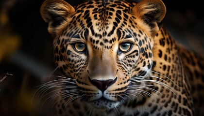 Naklejka premium Vivid Portrait of a Majestic Leopard Amidst the African Savannah at Dusk, Showcasing the Regal Beauty and Power in the Warm Glow of Sunset