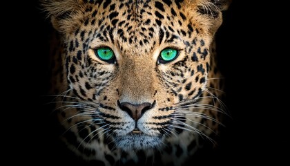 Obraz premium VibrantEyed Black Panther Strikingly Framed against a Dark Backdrop Elegant Leopard with Luminous Green Eyes Captivating Viewers in Stunning Portrait Photography